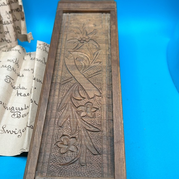 Vintage Swiss hand carved wood pen box and pen includes handwritten letter, folk - Picture 2 of 6